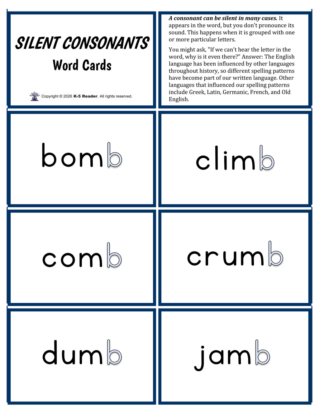 Silent Consonants - List & Word Cards