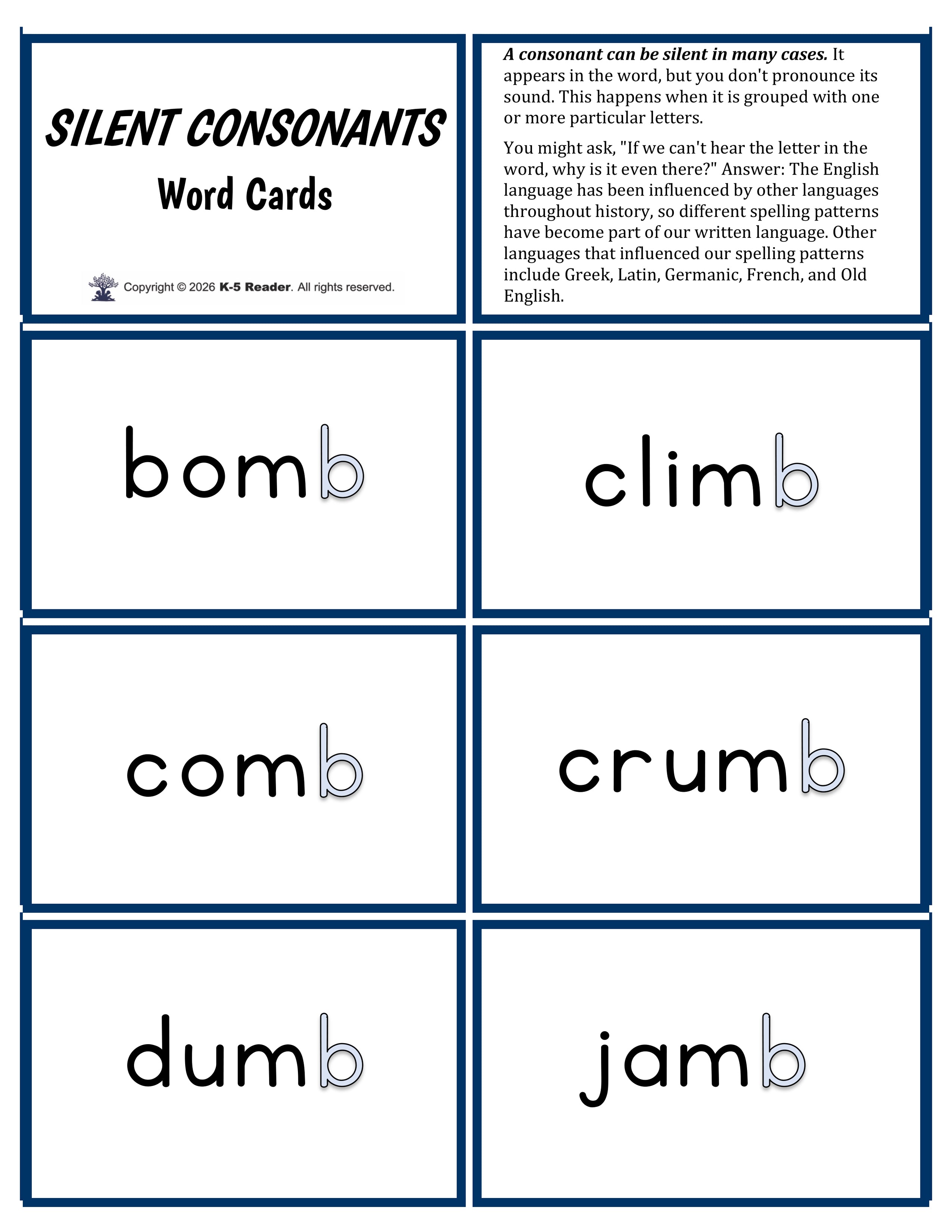 Silent Consonants - List & Word Cards