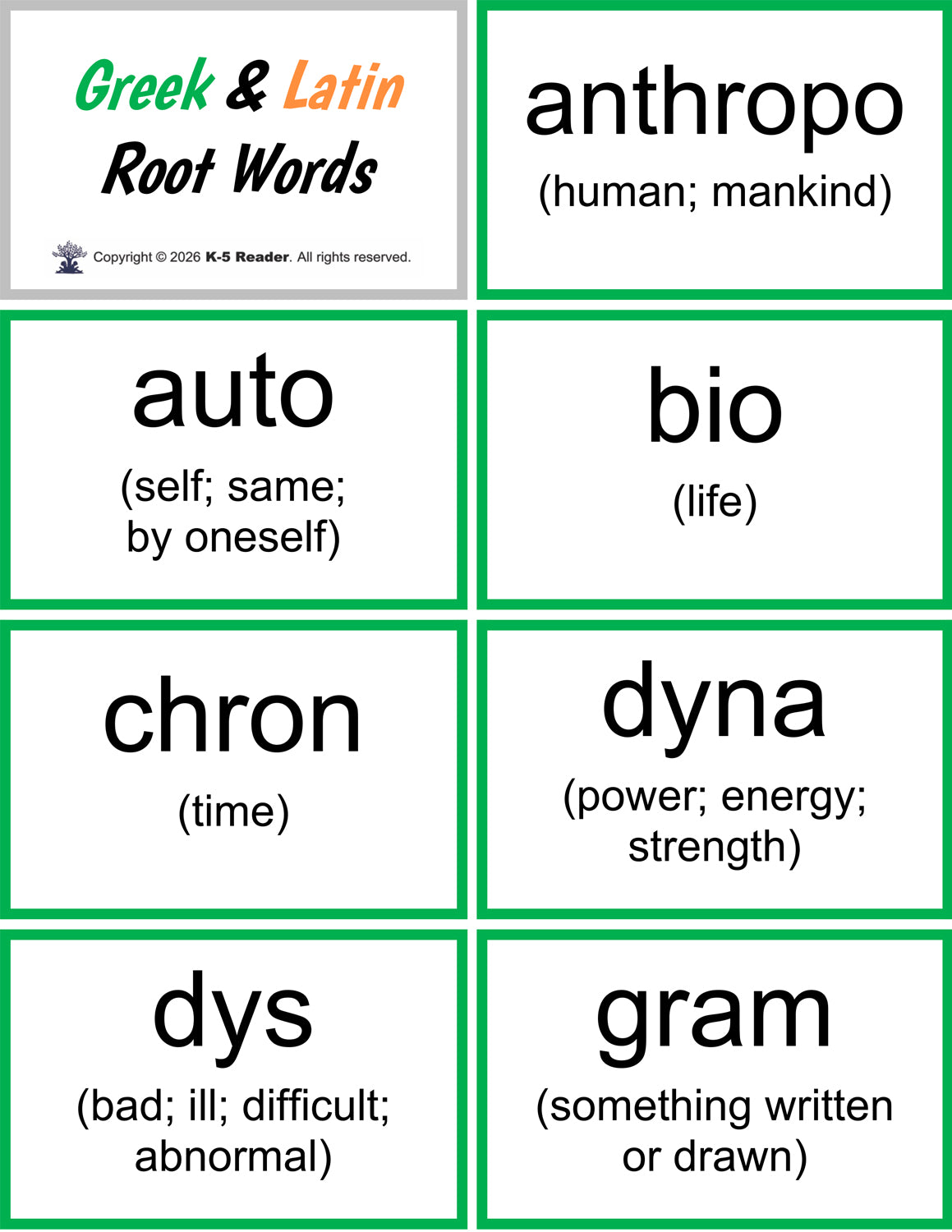 Greek and Latin Root Words (lists & flashcards)